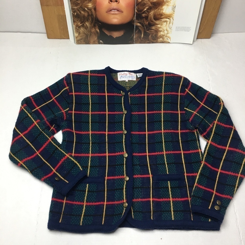 Vintage 90s Tally-Ho Plaid Cardigan Sweater S Gold Crest Buttons Preppy